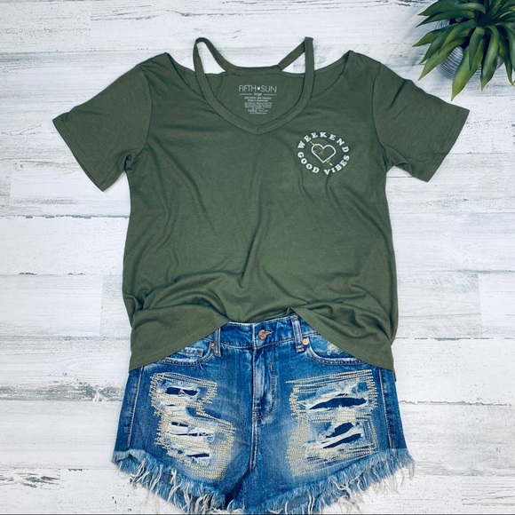 Fifth Sun Tops - Cold shoulder army green tee